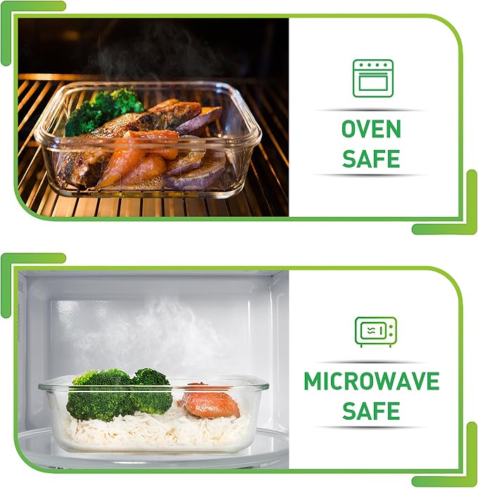 Prep Naturals 5 Pack 36oz Glass Meal Prep Containers - 1 Compartment | Square Borosilicate Glass Meal Prep Containers - Airtight Leak-Resistant Lids, Microwave, Oven & Freezer Safe (5-Pack, 36 oz)