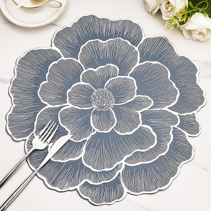 Silver Placemats Set of 6 15 Inch Metallic Pressed Vinyl Flower Place Mats | Non Slip Washable Waterproof PVC DiningTable Mats for Home Kitchen Dinner Party Table Wedding Decoration
