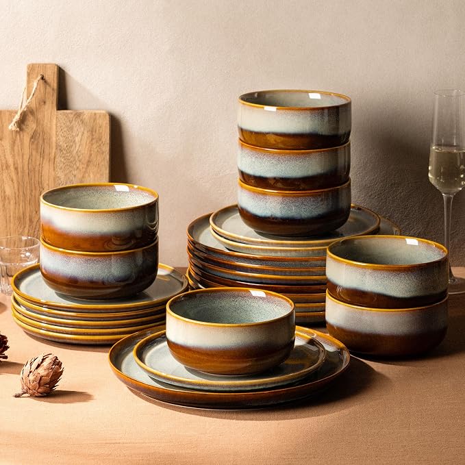 Ceramic Dinnerware Set for 8, 24-Piece Plates and Bowls Set | Handmade Reactive Glaze Dish Set, Scratch Resistant, Oven & Microwave & Dishwasher Safe, Dusk Blue