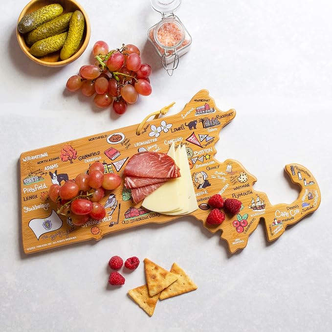 Totally Bamboo Massachusetts State Shaped Cutting Board, Art by Fish Kiss | State charcuterie board with colorful hand-drawn map artwork. Smooth reverse side for food prep. Hang tie for wall display.