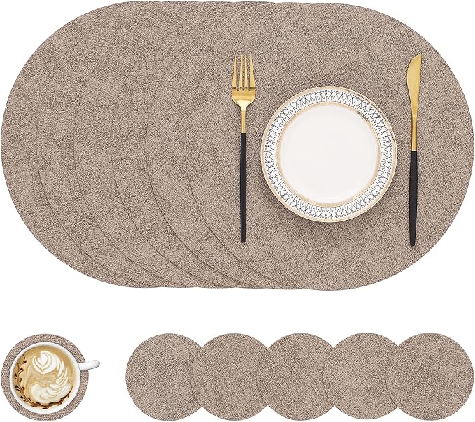 Round Faux Leather Placemat and Coaster 6 Packs, Washable Heat Resistant Dining Place Mats, Wipeable Double-Sided Table Mats for Indoor and Outdoor, Diameter 13 and 3.93 inch, Camel