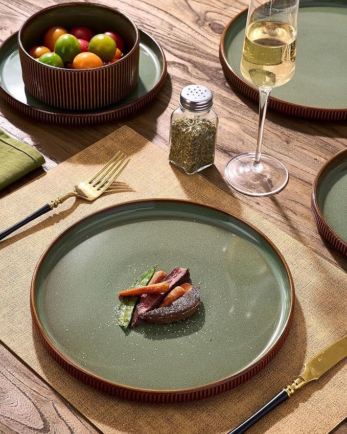 Stoneware Dinnerware Set for 4, Green Brown Reactive Glaze | 12 pcs Ceramic Plates and Bowls, Handmade Ribbed Dishes, Everyday Use, Microwave & Dishwasher Safe, Chip & Scratch Resistant