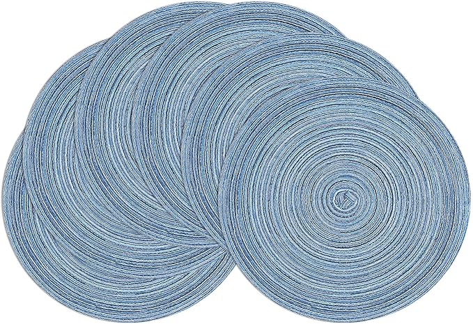 SHACOS Round Braided Placemats Set of 6 Circle Place Mats Kitchen Table Mats for Dining Table Wedding Party (Blue Gray, 6)