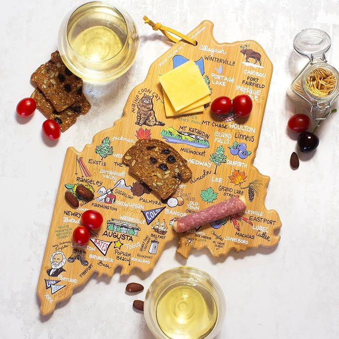 Totally Bamboo Maine State State Shaped Cutting Board, Art by Fish Kiss | State charcuterie board with colorful hand-drawn map artwork. Smooth reverse side for food prep. Hang tie for wall display.