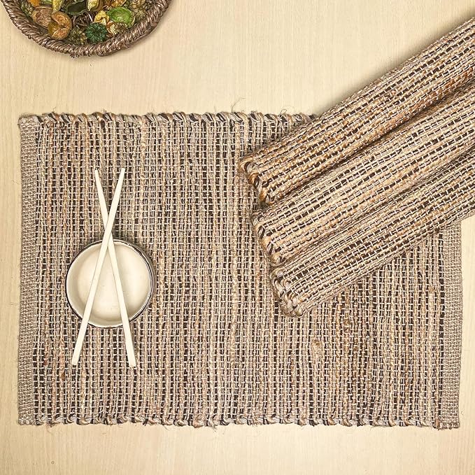 Natural Jute & Brown Placemats, Set of 4 – Rustic Handmade Boho Table Mats, 13x19 Inch Dining Table Placemats for Kitchen, Everyday Meals, Holidays, Farmhouse or Modern Table Décor