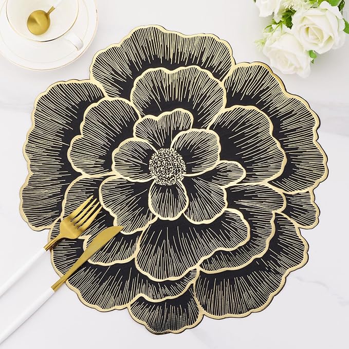 Evevda Placemats Set of 6 Gold Flower Placemats for Dining Table | Round Pressed Vinyl Metallic Table Mats 15 Inch for Home Kitchen Wedding Holiday Party Decoration