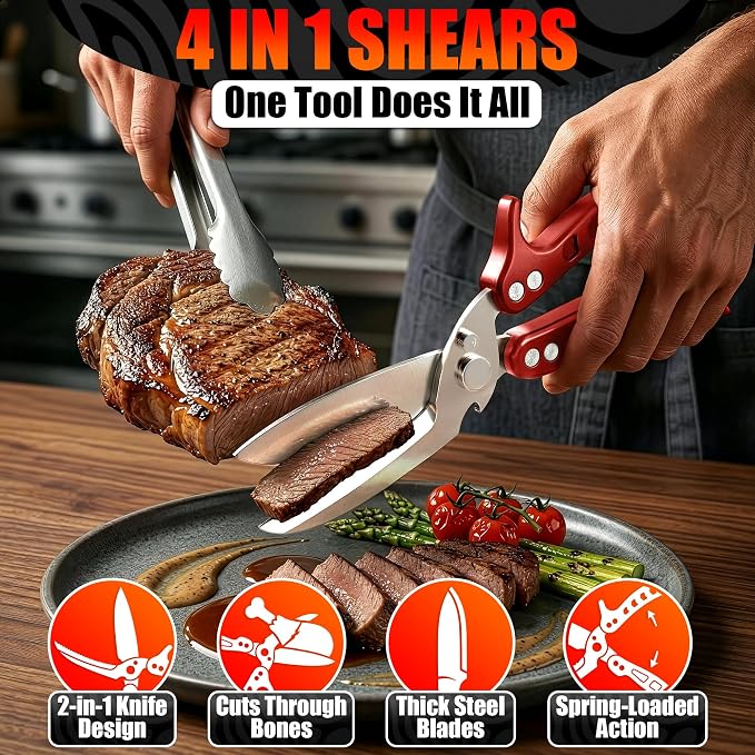 Kitchen Shears Heavy Duty, Safety Lock, Stainless Steel (Red) | Poultry Shears for Chicken, Turkey, Spatchcock, Fish; Bone Cutting Scissors, Micro-Serrated, Spring-Loaded, Separate to Clean