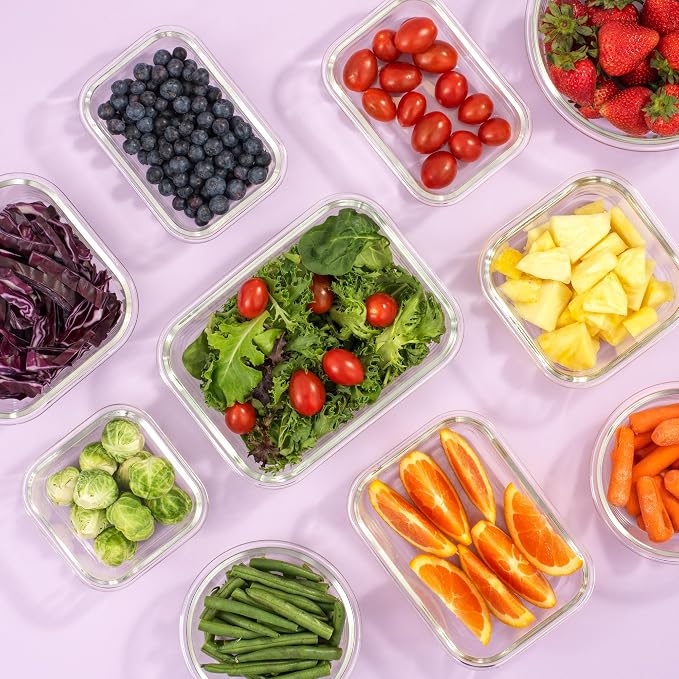 JoyJolt 24pc Borosilicate Glass Storage Containers with Lids | 12 Airtight/Freezer Safe Food Storage Containers for Pantry and Kitchen | Meal Prep Container for Lunch | Glass Tupperware Set