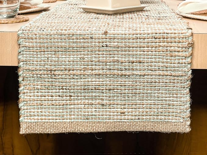 Natural Jute Table Runner, 13x90 Inch, Sage Green-White | Vintage Boho Rustic Decor, Handwoven, Farmhouse Dining, Console Table Accent