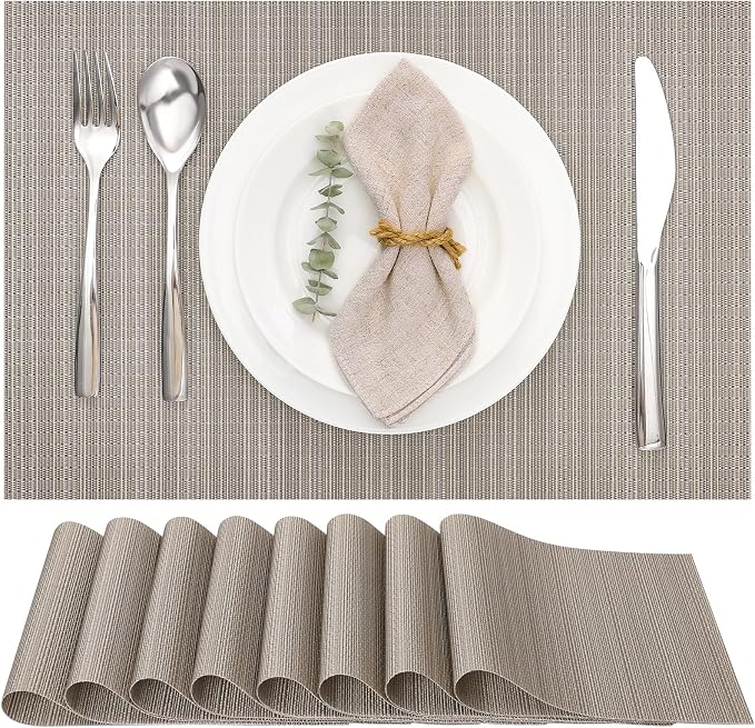 Myir JUN Placemats Set of 8 Kitchen and Dining Table Placemats | Vinyl Placemats Place Mats Indoor/Outdoor Set of 8 Washable Table Mats Non-Slip Place mats for Dining Table, Golden Silver