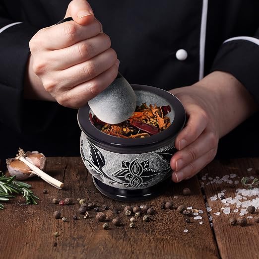 Mortar and Pestle, Made of Heavy Duty Polished Hard Stone, Natural Stone Grinder for Spices, Pastes, Herbs, Seasoning etc. (Floral)