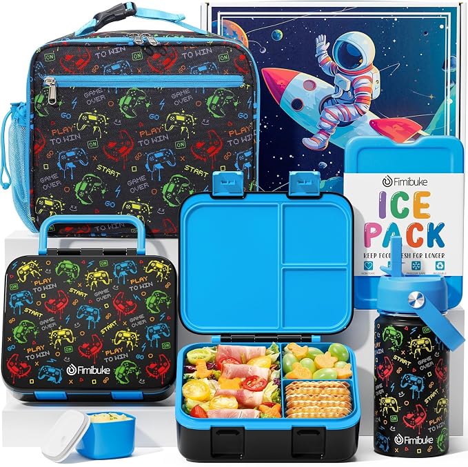 Fimibuke Bento Lunch Box for Kids - Toddler Boys Snack Bento Box Container | with 3 Compartments, 14oz Stainless Steel Water Bottle, Insulated Lunch Bag, Ice Pack Set for Ages 3-12 Daycare, Gamepad