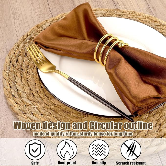 Kochorie Set of 12 Round Woven Placemats 12 Inches Bulrush Placemats Natural Hand-Woven Boho Rattan Placemats Wicker Table Mats Farmhouse Weave Place Mats for Home Dining Table