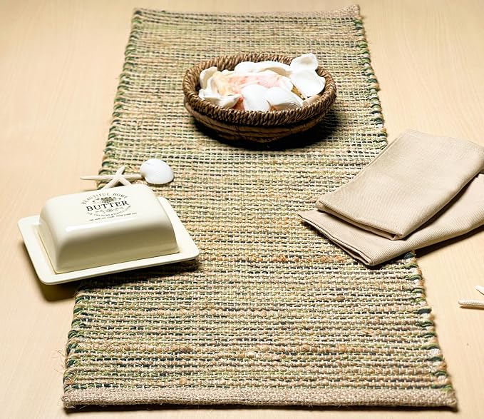 Chardin Natural Jute Table Runner, 13x36 Inch | Home, Vintage Boho Rustic Decor, Handwoven, Green, Farmhouse Dining or Console Table Accent
