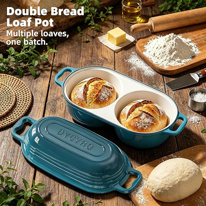 Enameled Cast Iron Double Round Bread Loaf Pot with Lid – 16cm Diameter Mini Dutch Oven for Sourdough Bread Baking, 500°F Oven Safe Non Stick Bread Pan, Double Dutch Oven for Meatloaf, Cake, Even Heating – Emerald