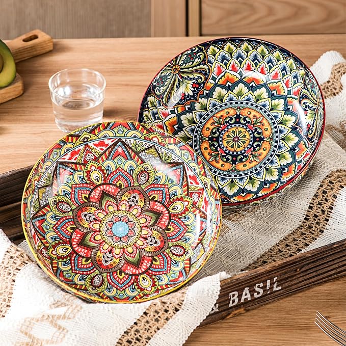 Henten Home Ceramic Pasta Bowls, 50 oz Soup Bowl Set of 2, Colorful Large Salad Bowls, Bohemia Shallow Serving Bowls Set for Noodles, Microwave & Dishwasher Safe (Set A)
