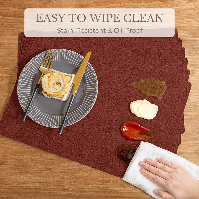 Romanstile Vinyl Placemats Set of 4-12 X 17 Inch - Faux Leather 100% Waterproof Wipeable Anti Slip Place Mats, Heat Resistant Reversible PU Table Mats for Kitchen Dining Party Outdoor, Red