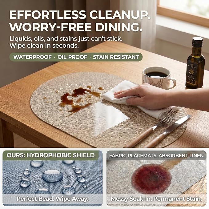 Faux Leather Placemats Set of 4, Wipeable Waterproof Stain Resistant Table Mats, Heat Resistant Thick Placemats with Hand-Painted Edges for Kitchen Dining, Imitative Linen Texture, Various Shapes