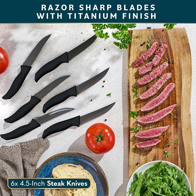 Home Hero 15-Piece Kitchen Knife Set - Knife Block Set | Black Stainless Steel Knife Set with Wooden Block - Built-In Sharpener, Ergonomic Handles & Nonstick Coating (15-Piece)