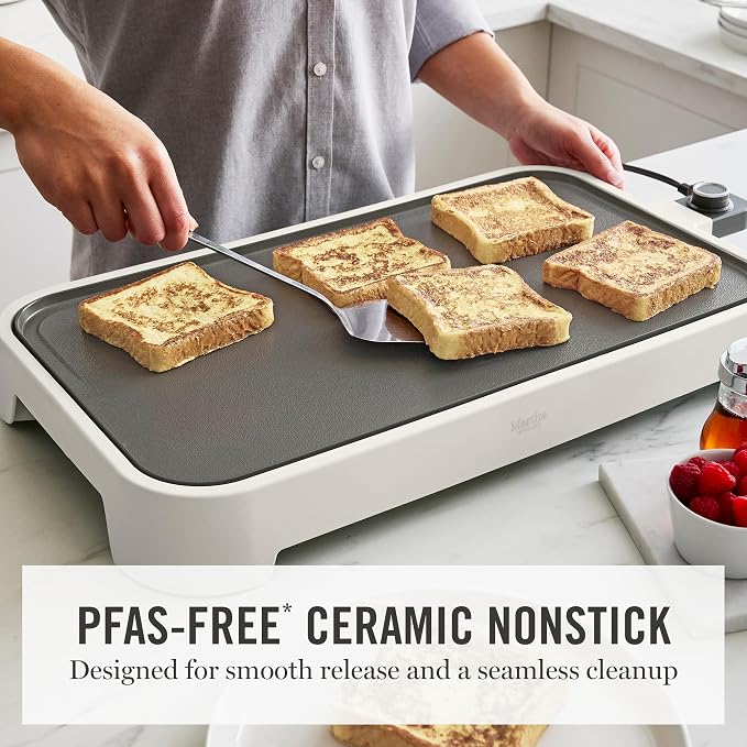 Martha Stewart 12"x 22" XL Electric Griddle, Ceramic Nonstick Flat Top | PFAS-Free Nonstick Grill, XL Cooking Surface for Pancakes & Eggs, Adjustable Temp Dial, Drip Tray, 1500W Heating, Linen White