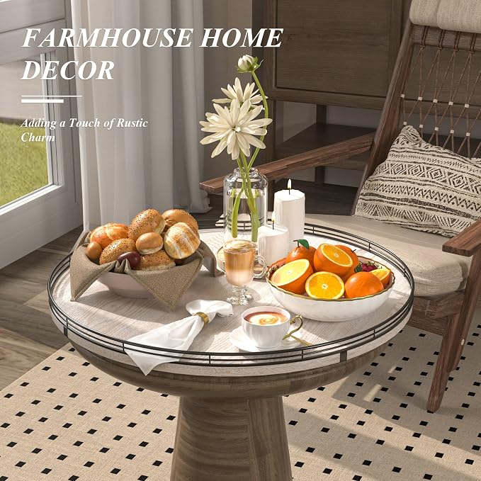 AMH 21-Inch Whitewashed Farmhouse Wooden Lazy Susan Organizer | Smooth rotating oak tray with walnut finish for dining tables, kitchen counters, pantries and cabinet storage.