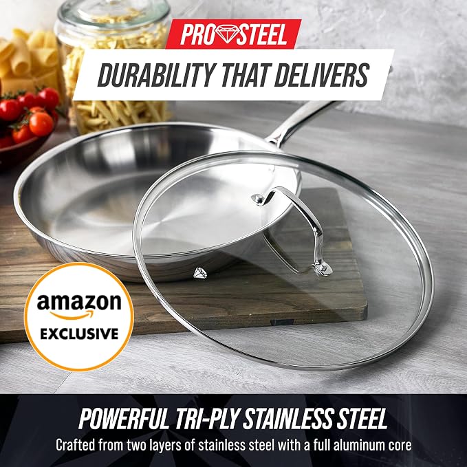 Blue Diamond Pro Steel 12" Tri-Ply Stainless Steel Frying Pan with Lid | Multi Clad Skillet, Induction & All Stovetop Suitable, Mirror Polished Finish, Dishwasher Safe, Oven Safe to 850F, Silver