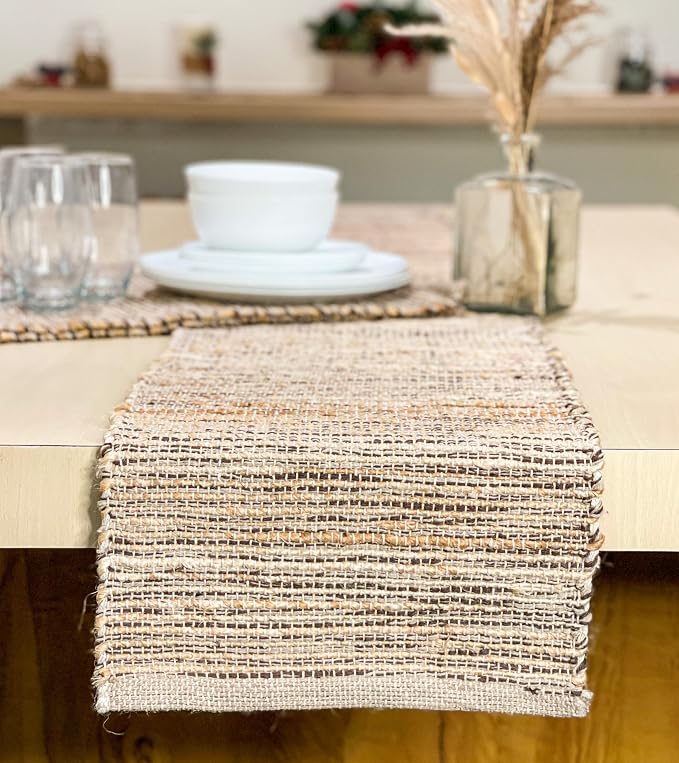 Natural Jute Table Runner 13x72 Inch – Vintage Boho Rustic Table Decor – Handwoven Table Runner in Natural Jute and Brown – Farmhouse Dining or Console Table Accent