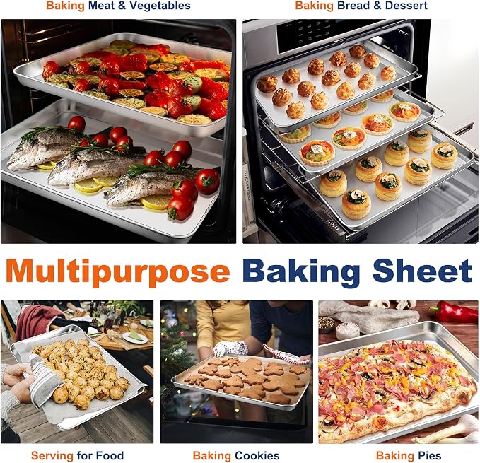 P&P CHEF Baking Sheet Pan, Stainless Steel Cookie Sheet, 16 Inch & 2 Pcs | Oven Tray Sheet Pan for Baking & Serving, Baking Tray for Multi Uses, Heavy Duty & Non-toxic, Rust Free & Dishwasher Safe