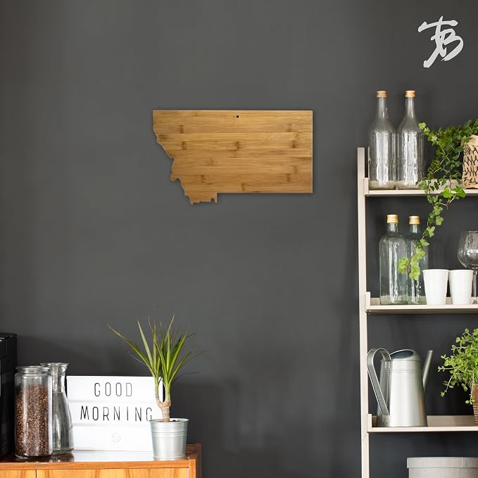 Totally Bamboo Montana State Shaped Bamboo Serving and Cutting Board | State charcuterie board with natural bamboo grain. Knife-friendly surface for food prep. Hang tie for wall display.