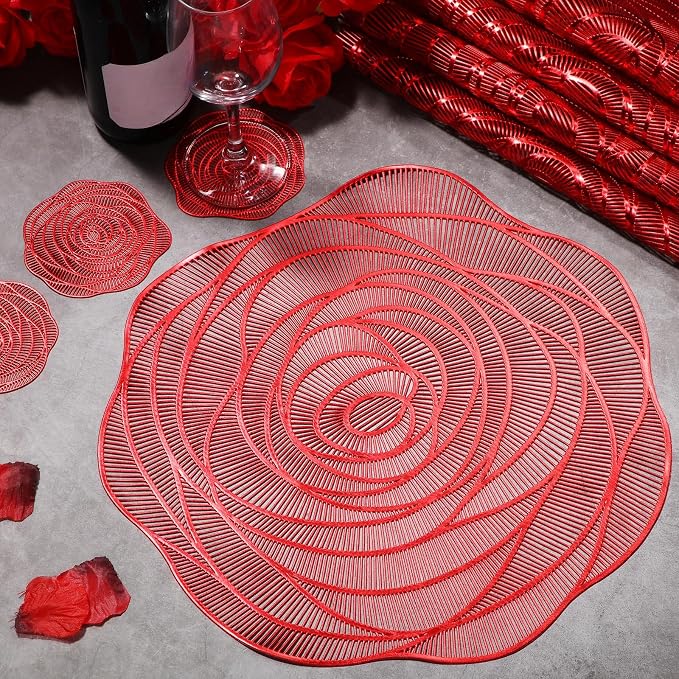 Sieral Round Hollow Rose Vinyl 15'' Placemat & 4'' Coaster,Red,12 Set