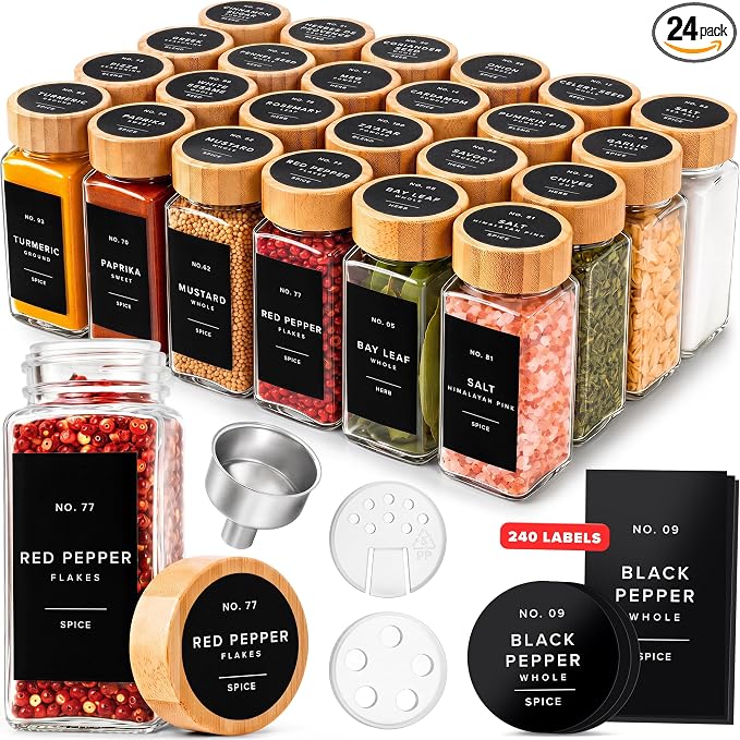 Glass Spice Jars with Label, 24x Bamboo Wooden Lids - Black Labels | Airtight Lids keep spices fresh, Kitchen Spice Drawer Organizer, 4oz Seasoning Containers incl. Funnel, Brush & 240 Labels