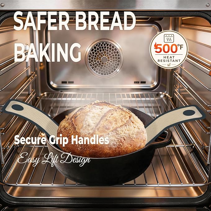 Silicone Bread Sling for Dutch Oven, 2-Pack 7.2" Long Handle Sourdough Baking Mat, 500°F Heat Resistant Dough Transfer Slings with 10 Parchment Sheets & 2 Cable Ties