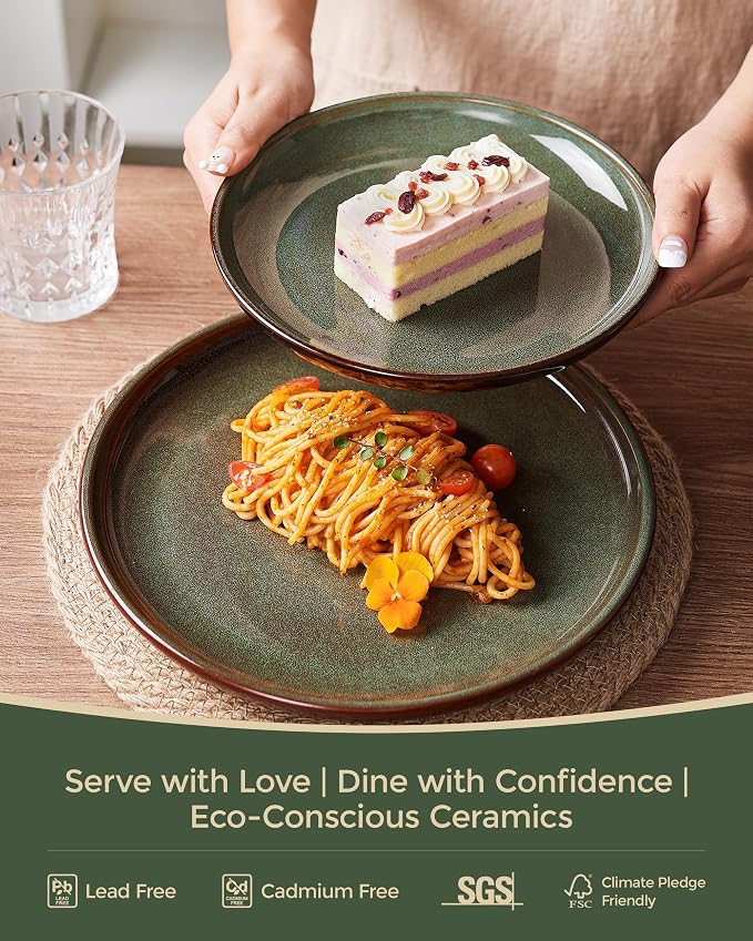 24 Piece Dinnerware Sets for 8, Modern Stoneware Plates and Bowls Setst, Perfect for Family Gatherings & Holiday Celebrations, Easy Cleaning Dishes Set, Stack Compactly Dishware, Brown Green
