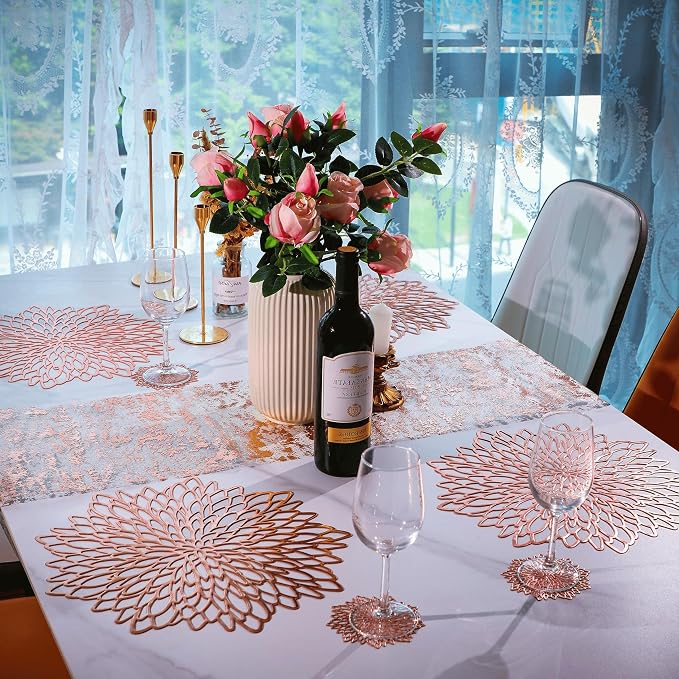 Snowkingdom 18 Pack Rose Gold Placemats Bulk Metallic Pressed Vinyl for Mother's Day Dinning Table Decoration Floral Mats Round Floral Charger Decoration for Weddings Christmas Holiday