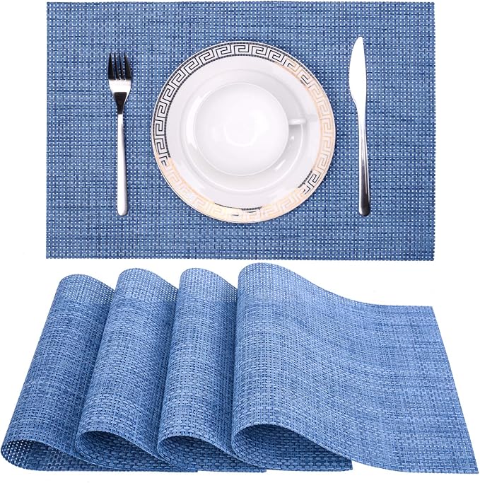 Zupro Hemp Blue Placemats Set of 4 Woven PVC 18"x12" for Indoor/Outdoor Use | Washable Heat-Resistant Non Slip Table Mats PVC Vinyl Kitchen Dining Patio Table Place Mats for Holidays Dinner Parties BBQs