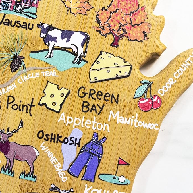 Totally Bamboo Wisconsin State Shaped Cutting Board, Art by Fish Kiss | State charcuterie board with colorful hand-drawn map artwork. Smooth reverse side for food prep. Hang tie for wall display.