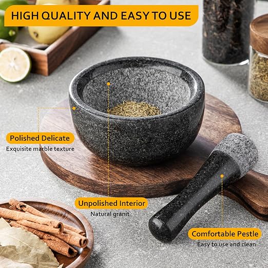 Velaze Large Mortar and Pestle Set,Granite,2 Cup Capacity | 6.3 Inch Pestle,16 oz Molcajete,Herb Crusher, Spice Grinder,Guacamole Bowl,Heavy Granite Stays Stable, Natural Unpolished