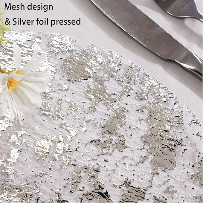 Snowkingdom Silver Disposable Placemats Set of 50 Foil Mesh 13 Inch Round Table Mates Bulk 50 Pack Silver Doilies for Dining Table Wedding Birthday Party Holiday Home Decoration