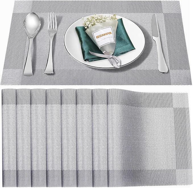 Silver Vinyl Placemats Set of 8,Washable Dining PVC Table Mats | Heat resistant, stain resistant non slip vinyl place mats, washable silver table placemats for dining table