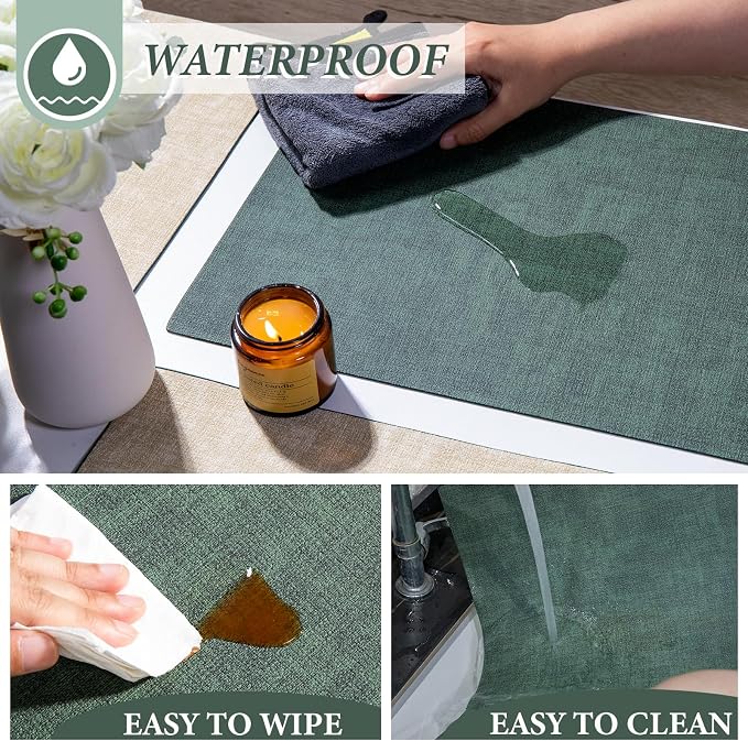 Leather Placemats Table Mats Set of 6, Dark Green and Beige | Reversible Non-Slip Table Placemats, Heat-Resistant and Waterproof for Dining Kitchen and Holiday Parties