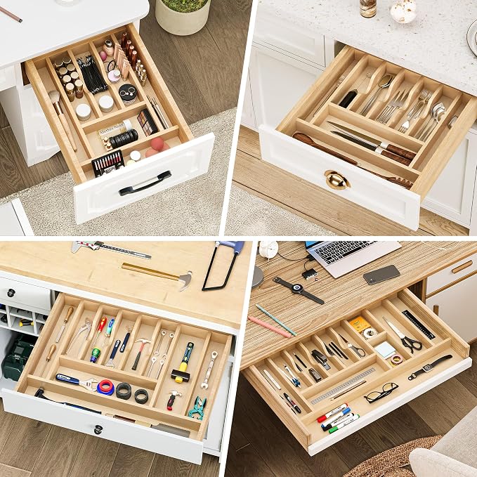 Clikuutory Natural Birch Wood Utensil Drawer Insert Organizer with 12 Compartments, Space-Saving Sturdy Drop-In Cutlery Divider Tray, Kitchen Cabinet Storage for Silverware, Spoons, Forks and Knives