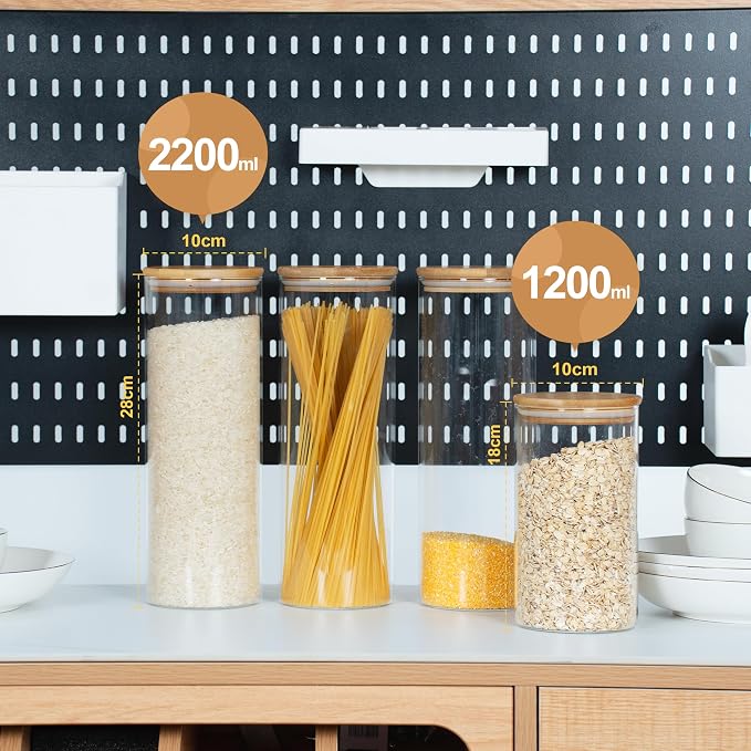 D2scrma 70oz Straight cylindrical Airtight Storage Jars with Bamboo Lid Set of 3 Storage Container Glass Jars, Kitchen Canister for Noodles, Pasta and Coffee beans (‎with Black Lable)
