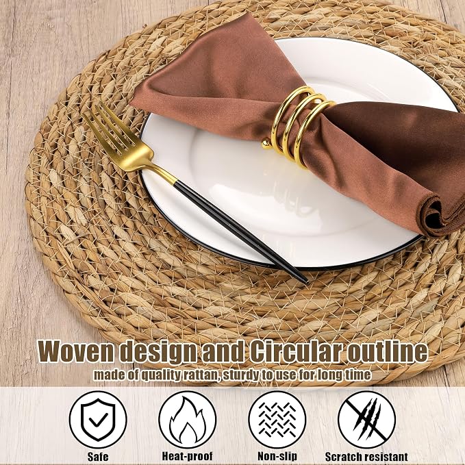 Kochorie Set of 6 Round Woven Placemats - 13.8 Inches Natural Boho Rattan Wicker Table Mats for Home Dining Table