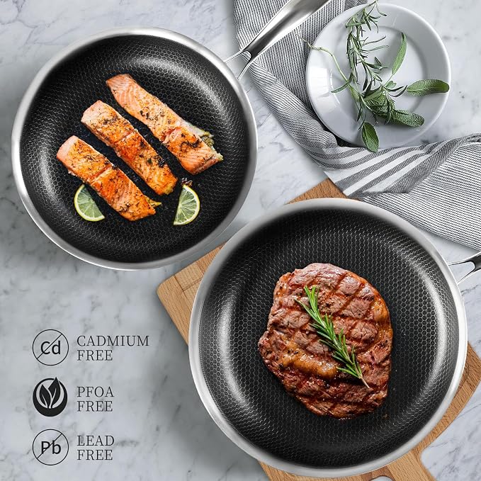 Innerwell Non Stick Frying Pans, Stainless Steel Pan Set with Lid | Honeycomb nonstick coating, PFOA-free. Cool-touch handles. Compatible with All Stoves. Oven Safe&Dishwasher safe.