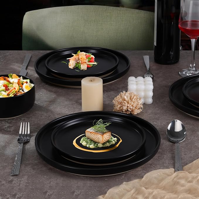 LIANYU Plates and Bowls Sets for 8, 24 Piece Stoneware Dinnerware Set, Porcelain Dishware for Kitchen and Dining, Microwave Oven Dishwasher Safe, High temperature & Scratch Resistant, Matte Black