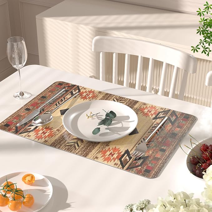 QIYI PU Leather Placemats Set of 6, 12"x18" Waterproof Table Mats, Folk Geo | Faux Leather, Heat Resistant, Anti Slip, Wipeable Place Mats for Kitchen Dinning, Party Table Décor, Geometric Motifs