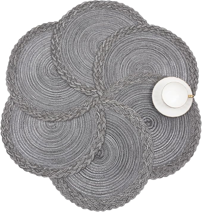 SHACOS Round Placemats Set of 4 Boho Braided Border 15 inch Circle Place Mats Washable Fabric Table Mats for Kitchen Dining Table, Gray (Pack of 2)