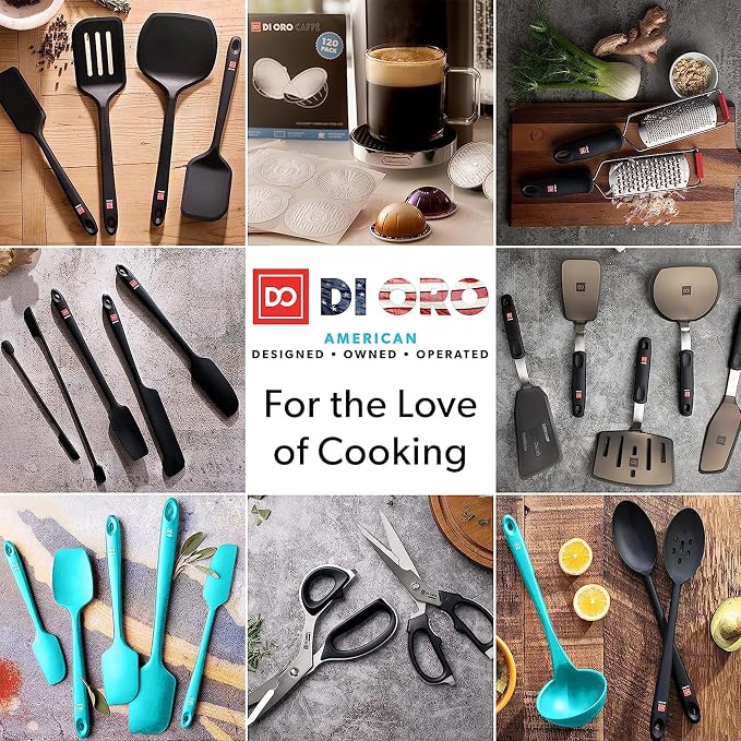 DI ORO Silicone Cooking Spoons - Solid & Slotted Set, 2-Pc Teal | Large heads for mixing, serving, and stirring; Heat-resistant to 600F for nonstick cookware; BPA-free and dishwasher safe