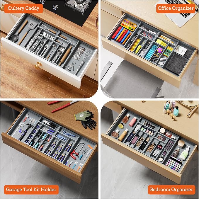 Magnetic Expandable Silverware Drawer Organizer, 13 Slots Utensil Gray | Magnetic Connected, Expandable 21-37.4 Inch, 13 Divided Slots, Gray Cutlery Utensil Organize Kitchen