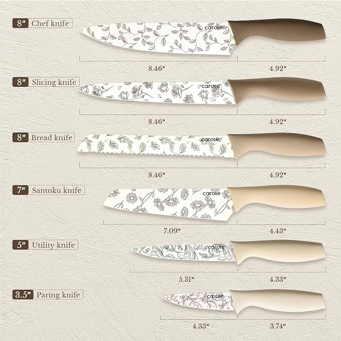 CAROTE Kitchen Knife Set, 6 Floral Knives with 6 Blade Guards, 12-Piece | Stainless Steel Blades, Ceramic Nonstick Coating, Long-Lasting Sharpness, Rust-Resistant, Non-Slip, Dishwasher Safe